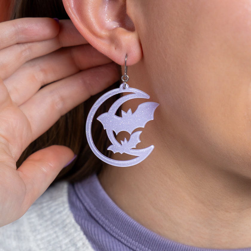 Moon & Bats Drop Earrings - Purple