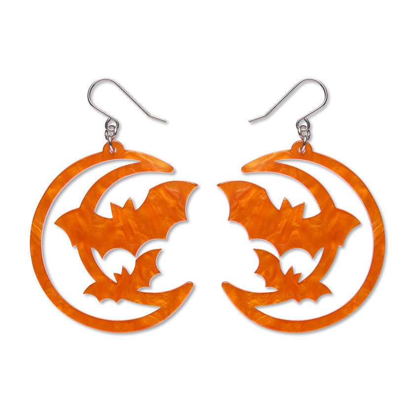 Moon & Bats Drop Earrings - Orange