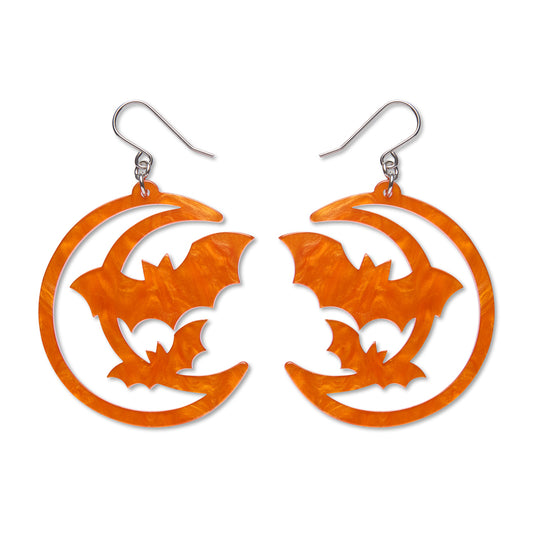 Moon & Bats Drop Earrings - Orange
