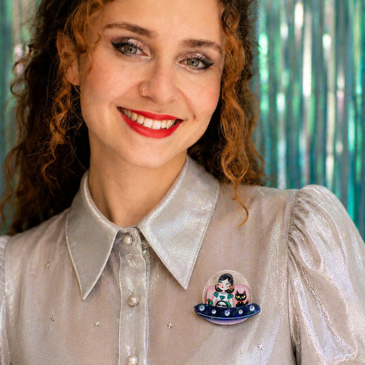 UFO with Space Girl and Cat Brooch