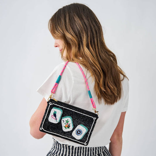 Leila Mahjong Seed Bead Clutch With Strap