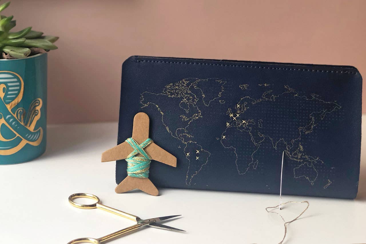 Stitch Where You've Been Travel Wallet - Navy Leather