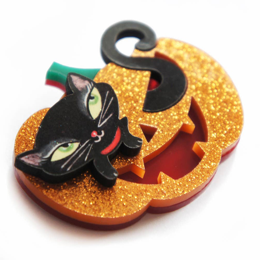 Pumpkin with Kitten Brooch