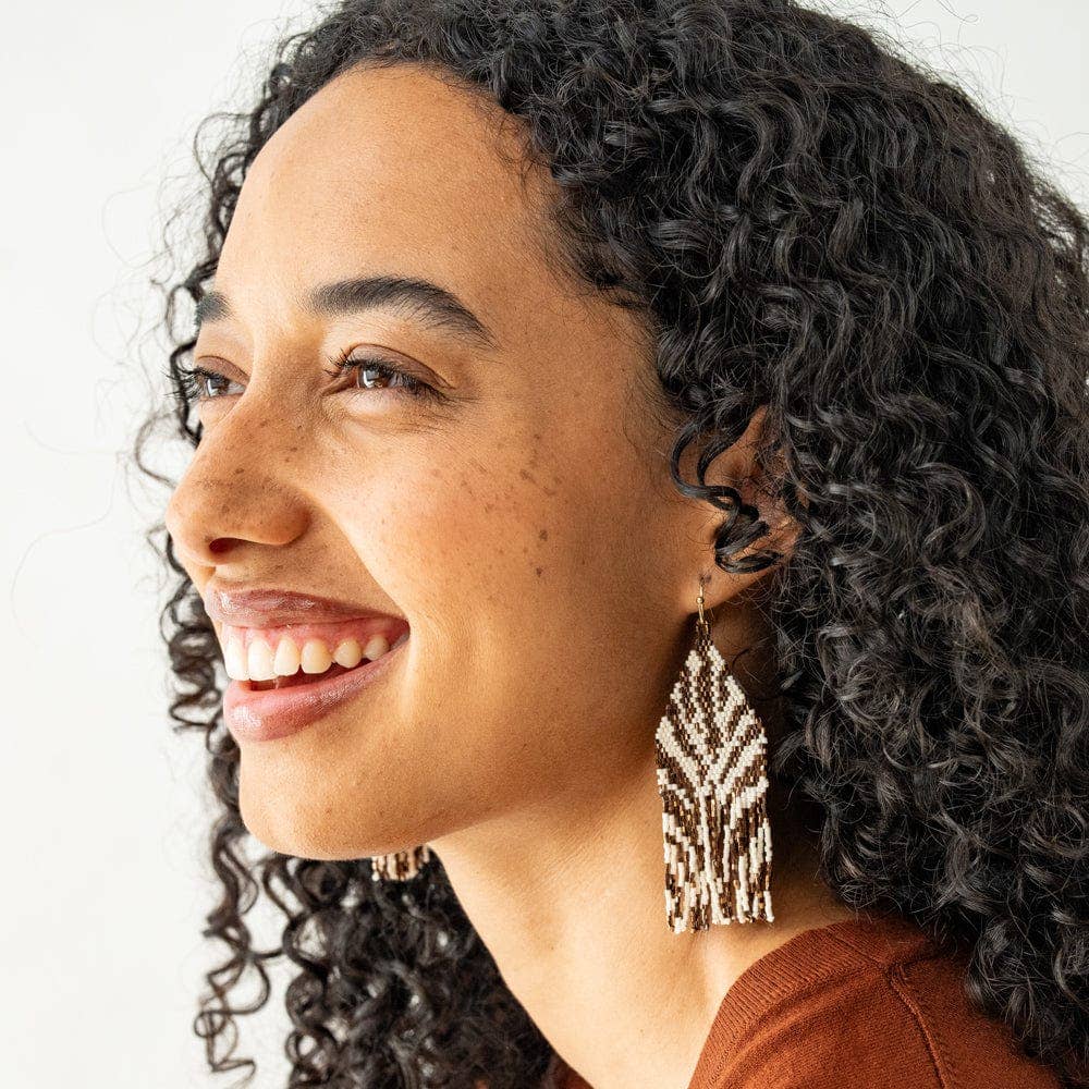 Delilah Zebra Print Beaded Fringe Earrings - Bronze + Ivory